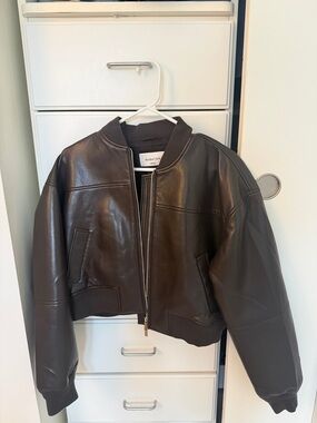 Babaton Chocolate Brown Leather Bomber Jacket